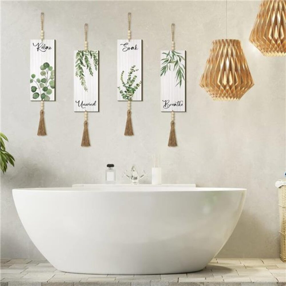 4 Pieces Boho Wall Decor for Bathroom 12 x 5 Inch Relax Soak Unwind